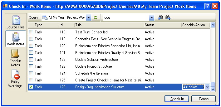 Associating a check-in with a work item or multiple work items